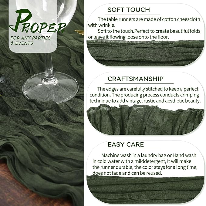 10 Packs Cheesecloth Table Runner Hunter Green, 10Ft x 35" Deep Green Rustic Gauze Boho Wedding Table Runner Decoration, Wedding Table Decor Table Cloth for Wedding Party Bridal Shower Table