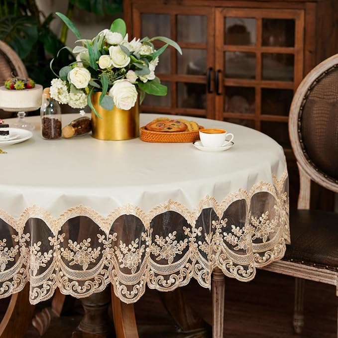 ARTABLE Lace Tablecloth Rectangle Waterproof Table Cover with Exquisite Macrame Border for Wedding Kitchen Holidays Party Decor (Beige, 60 Inch Round)