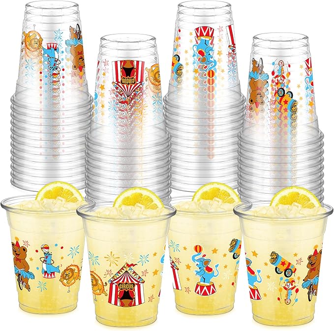 FoldTier 50 Pcs Circus Cups 12 oz Plastic Circus Birthday Cups Clear Circus Disposable Cups Circus Theme Drinking Cups for Home Party Circus Theme Birthday Baby Shower Supplies Decoration (Circus)