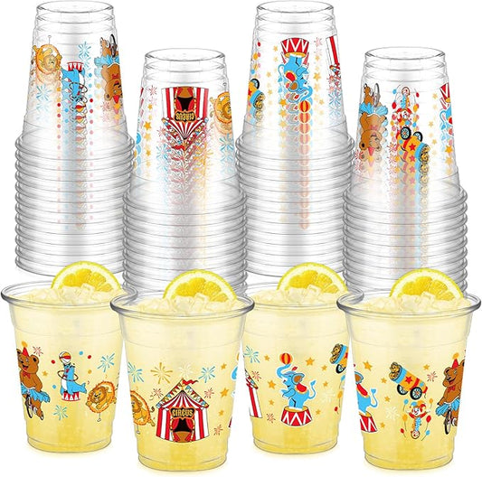 FoldTier 50 Pcs Circus Cups 12 oz Plastic Circus Birthday Cups Clear Circus Disposable Cups Circus Theme Drinking Cups for Home Party Circus Theme Birthday Baby Shower Supplies Decoration (Circus)