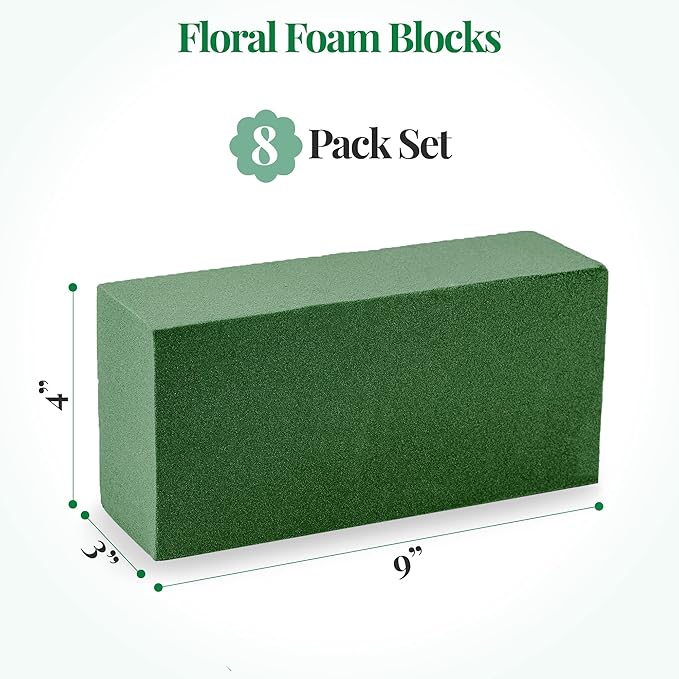 Noe & Malu Floral Foam Blocks – 8 Pack Large Green Flower Foam Bricks (9” x 4” x 3”) for Fresh & Artificial Flowers, Wet or Dry Floral Arrangement Supplies for Florists & DIY Crafts