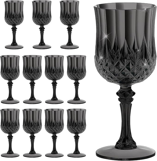 7OZ Plastic Wine Glasses, Reusable Vintage Goblets Unbreakable Drinking Glasses Crystal Water Cups Champagne for Wedding, Parties (12, Black)