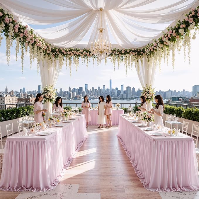 leegleri 2 pk 8ft Light Pink Tulle Tablecloth for Rectangle Tables, 2-in-1 Table Covers with Tulle Skirt,Wrinkle Free Stretchy Ruffle Tulle Table Cloths Fitted for Wedding Party Banquet Vendor