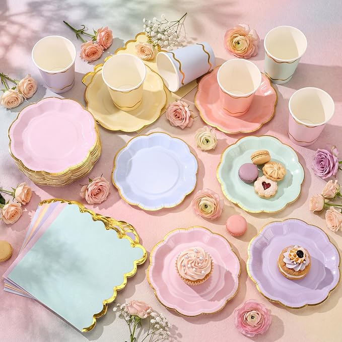 Yungyan 108 Pcs 36 Guest Pastel Paper Plates and Napkins Sets Pastel Party Supplies Gold Foil Scalloped 6" Plates 9 oz Cups Disposable Tableware Set for Birthday Wedding Baby Shower Supplies
