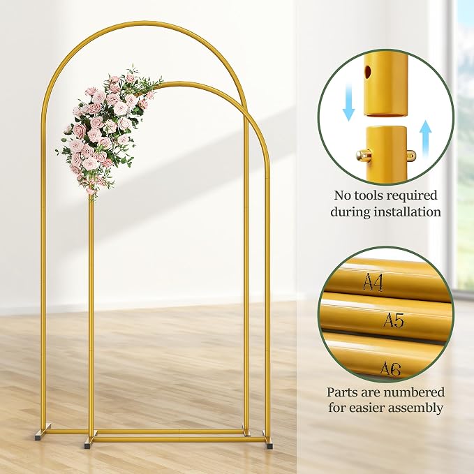 Metal Arch Backdrop Stand 2 Set (6FT/5FT), Gold Wedding Arch Frame, Balloon Arch Stand for Wedding, Baby Shower, Birthday, Ceremony, Party Decor