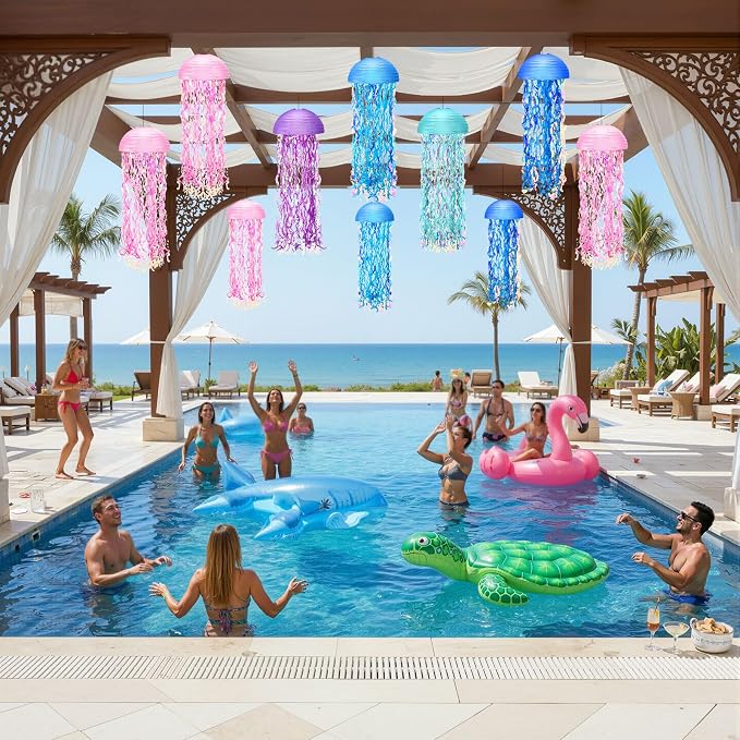 Baquler Set of 12 Jellyfish Paper Lanterns 10 Inch Semicircle Lanterns Hanging Decoration for Mermaid Sea Ocean Birthday Party Decorations(Pink, Blue, Sky Color, Royal Blue, Purple, Light Purple)