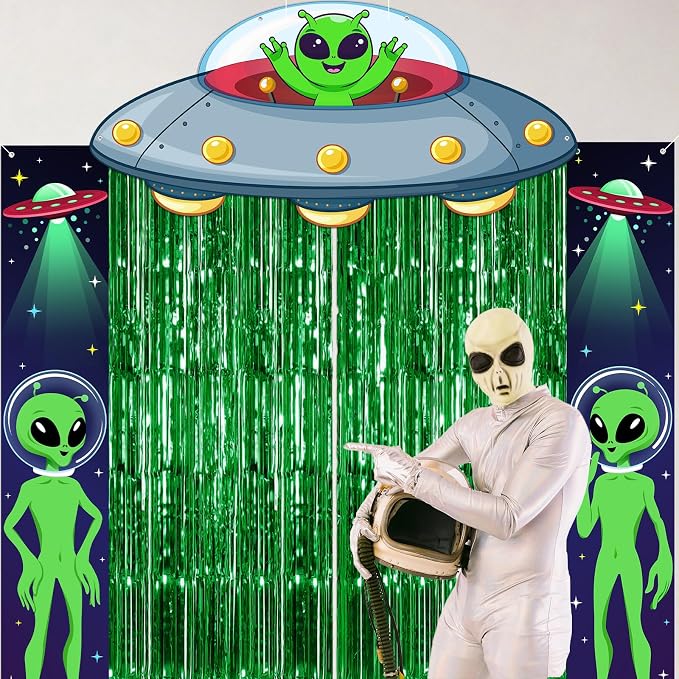 Avezano Alien Party Decorations Set Alien Birthday Party Supplies | 5Pcs, UFO Backdrop Porch Sign Banner Green Foil Fringe Curtains for Boys Men, Photo Booth Props