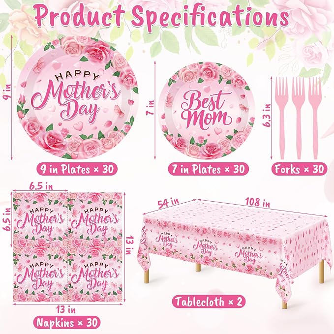 122 PCS Mothers Day Plates and Napkins Set, Serves for 30 Guests Pink Mother's Day Home Decor with Flowers, Disposable Paper Plates Napkins Plastic Forks Tablecloth for Best Mom Party Supplies