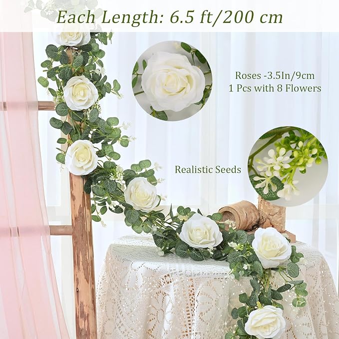 Dolicer 2Pcs 13Ft Artificial Eucalyptus Garlands with Flowers - 8 Roses, Faux Floral Greenery Garlands Fake Flowers Vines for Wedding Table Centerpieces Arch Party Ceremony Backdrop Decor (White)