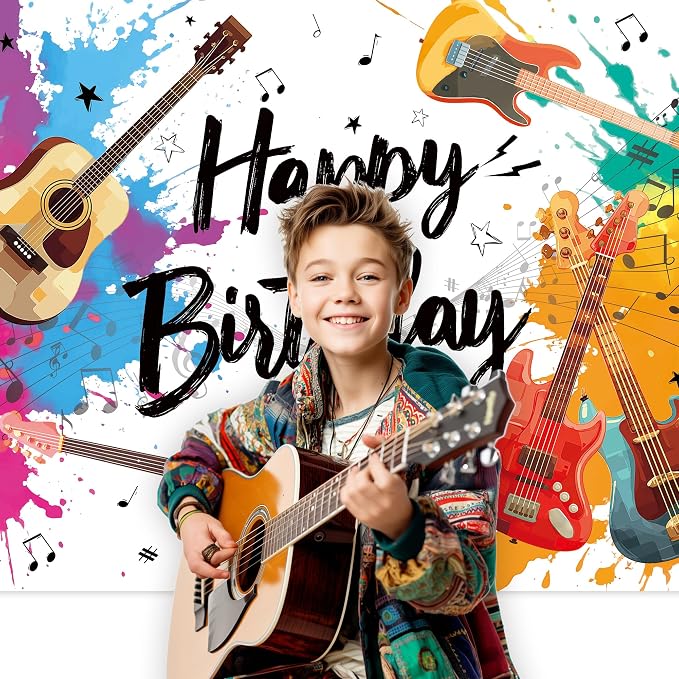 Guitar Happy Birthday Backdrop Music Themed Cool Watercolor Blue and Red Musical Notes Bday Party for Kids Photography Background Decoration Colorful Modern Fabric Photo Shoot Studio Props