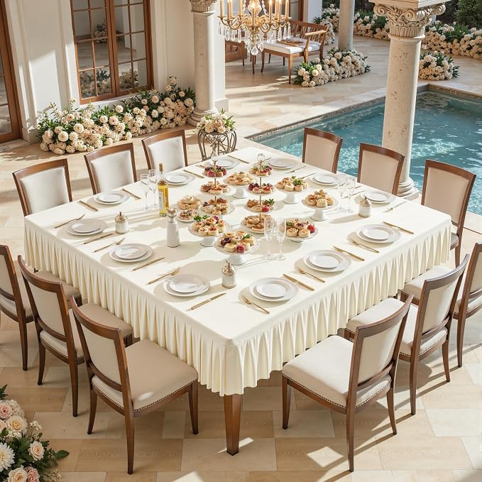 Wish Care 2 Pack Ivory Spandex Tablecloths for 60x60 Inch Square Tables, Stretch Fitted Table Clothes with Pleated Ruffle Skirt for 60” Table, Wrinkle Free and Elastic, for Party Kitchen Home Dining