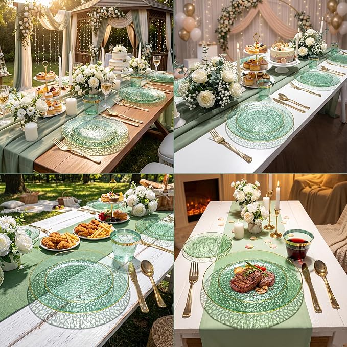175PCS Green Plastic Plates for 25 Guests, Disposable Plates for Party, Heavy Duty Disposable Plate Set Include: 25 Dinner Plates, 25 Dessert Plates, 25 Cups and Cutlery for Wedding & Party