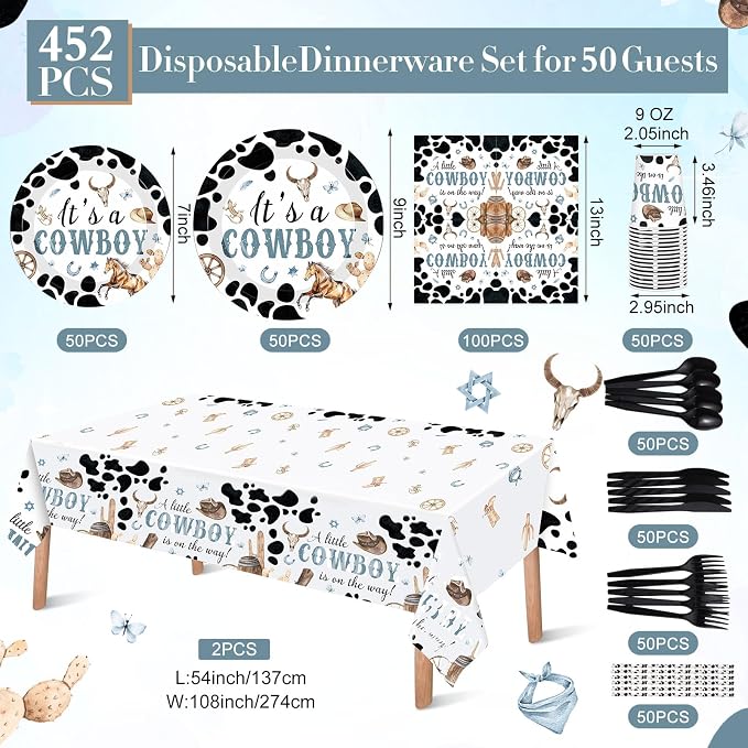 Funnymoom 452 Pcs Cowboy Baby Shower Party Decorations Include a Little Cowboy Is on the Way Paper Plates Napkins Cups Tablecloth Cutlery Straws for girl Girl Baby Shower Party Supplies