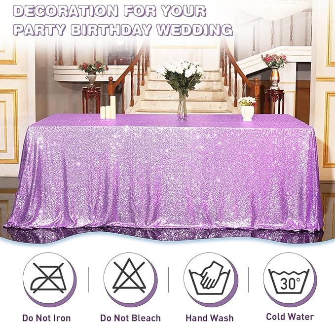 Eternal Beauty Lavender Tablecloth, 90x156 Inch Sequin Rectangle Table Cover for Cake Dessert Exhibition Party Birthday Events