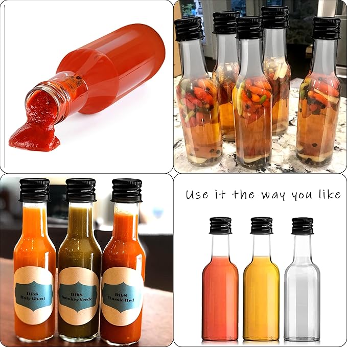 YZXODN 50 Pack 1.7oz Mini Liquor Bottles with Labels, Plastic Alcohol Bottles, Airtight Shot Bottles, Little Spirit Bottle with Funnel Black Caps, Hot Sauce Bottle for Cocktail, Party Favors, Weddings
