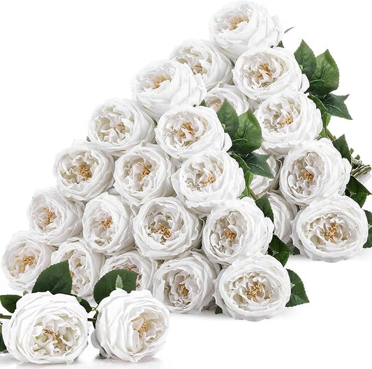 Giegxin 20 Pcs Real to Lifelike Peonies Austin Roses Artificial Flowers, Faux Look Real Long Stems Fake Flower with Big Blooms for Christmas Valentines Wedding DIY Arrangement Home Decor(White)