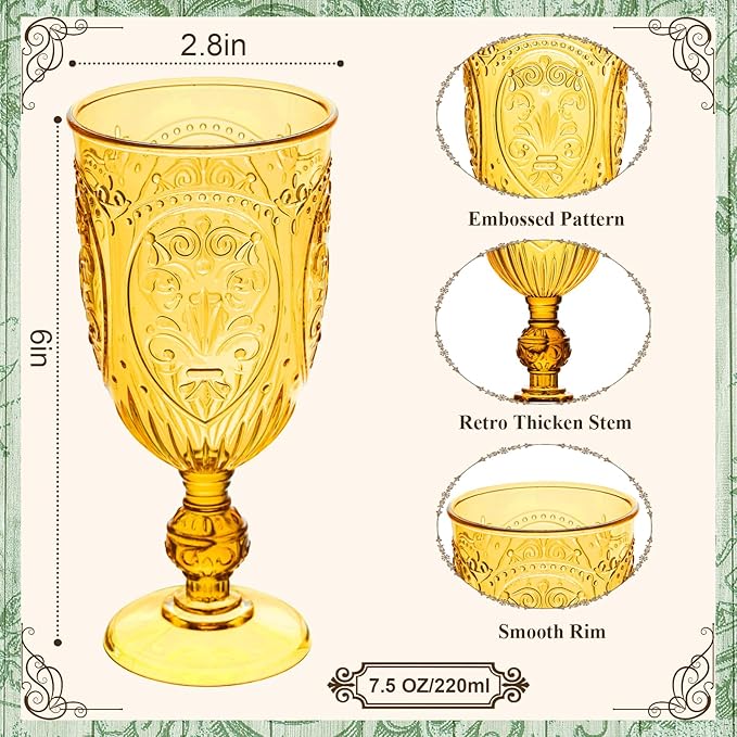 Plastic Wine Glasses 12Pcs Plastic Goblets 7.5oz Colored Retro Embossed Glassware Vintage Stemmed Drinking Cup Reusable Water Goblets for Wedding Reception Grand Event Party Bar,Whiskey (Amber)