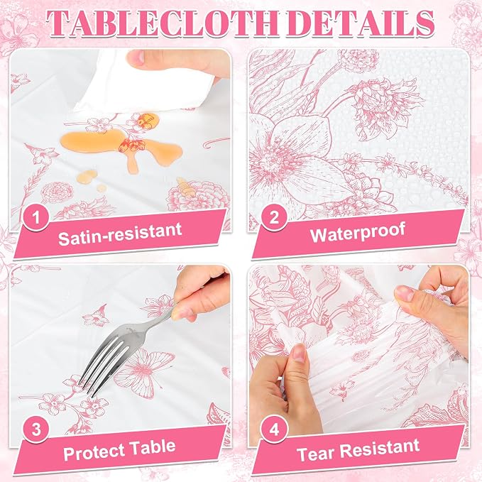 6 Pack Pink Floral Plastic Tablecloths, 54 x 108 Inch Tea Party Tablecloth | PE material, waterproof surface, fits rectangular 8-10 seat tables, for tea party, wedding, birthday, baby shower