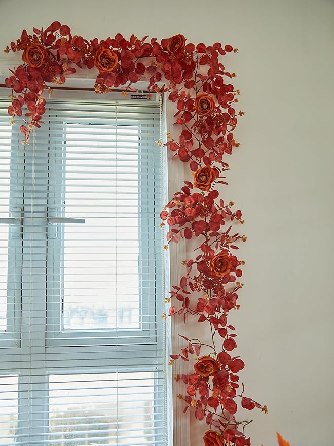PARTY JOY 6.56ft Fall Decor Orange Eucalyptus Garland with Flowers 8 Orange Roses, Fall Garland Artificial Fake Flowers Floral Vines for Autumn Decor Fall Decorations for Home Indoor Outdoor