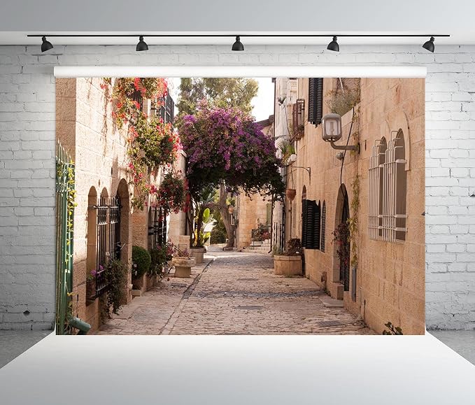 BELECO 20x10ft Fabric Jerusalem Town Street Backdrop Cobbled Street Ancient Village Old Stone Wall Houses Spring Flowers Historic City Israel Background for Party Decorations Photo Booth Studio Props