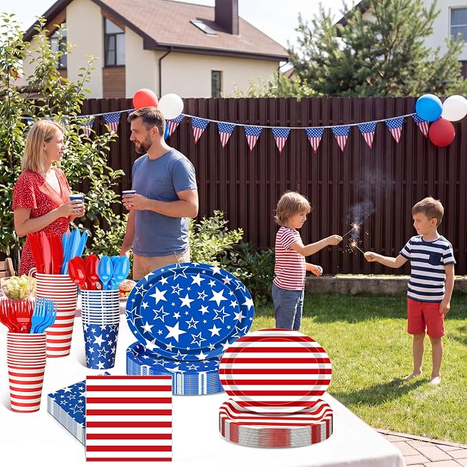 Pajean 350 Pcs 4th of July Party Decorations 12 inch Disposable Patriotic Oval Plates and Napkins Heavy Duty Star Stripe Paper Tableware Set for 50 Guests 250th Independence Party Supplies