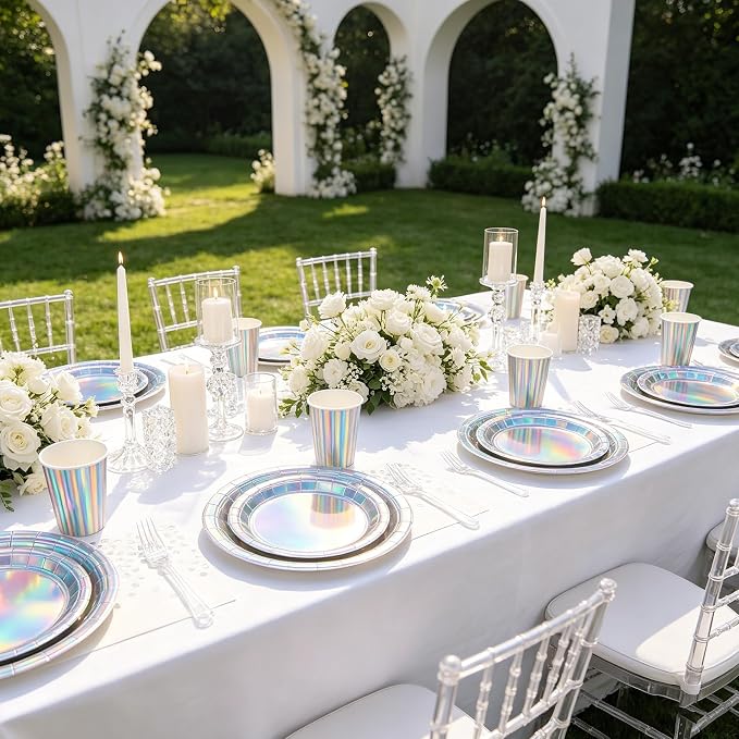 250Pcs Iridescent Plates and Napkins Party Supplies Set for 50 Guests, Disposable 9’’ and 7'' Holographic Silver Paper Plates ,Cups, Forks, Napkins Tableware for Mermaid, Birthday Party Decorations