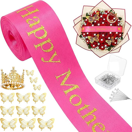 Zeyune 114 Pcs Flower Bouquet Accessories Includes 2 in x 5 Yard Glitter Mother's Day Satin Ribbon, Gold Bouquet Crown, Butterfly Decor and Rhinestone Flower Pin for Birthday Wedding Baby Shower