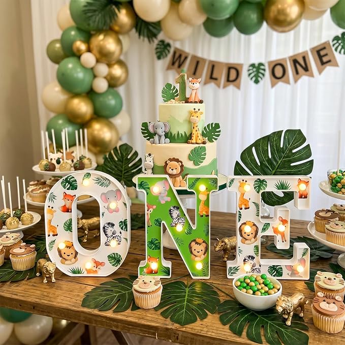 Tujoe Wild One Birthday Decorations Jungle Safari 8.5 Inch LED Light Up Letters for 1st Birthday Boy or Girl Animals First Table Centerpiece Backdrop Decor 1 Year Old Party Supplies