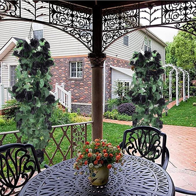 RECUTMS Artificial Black Rose Hanging Flowers Plants, 2PCS 37 Inches Fake Floral Halloween Garlands for Home Front Porch Garden Wedding Backdrop Wall Hanging Victorian Indoor Outdoor Party Decor