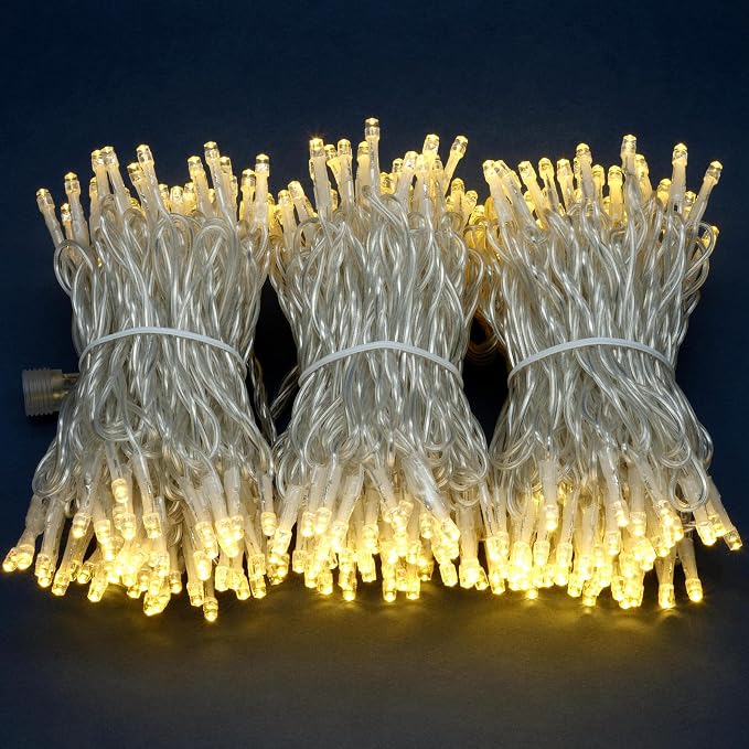 YULETIME 300 Warm White String Lights, 100 ft Clear Wire 8 Models 5mm LED | Wide Angle Bulbs, Safe 29V Adapter, Multimode Lighting, Connectable, 100' Total Length, 1-Strand 300 Lights, 4" Spacing