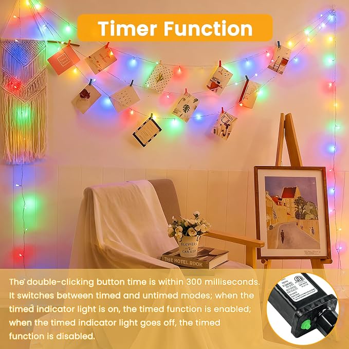 Connectable 2Pack String Lights Indoor, 66FT 200LED String Lights, 13Modes Twinkle Fairy Lights Plug in Outdoor Waterproof, Multicolor Clear Wire Light for Christmas Tree, Wedding Yard, Party Decor