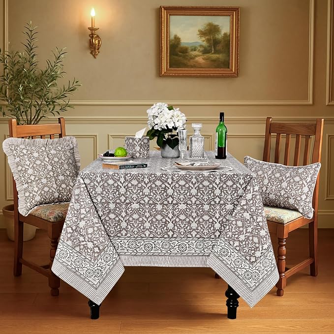 Ridhi Taupe Hand Block Print Cotton Rectangle Tablecloth 120" x 80" inches Reusable Table Cover Decorative Everyday Use for Dining Room, Farmhouse, Home Gift for Spring, Mother's Day