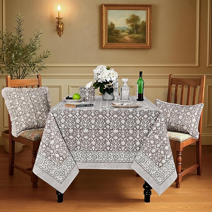 Ridhi Taupe Hand Block Print Cotton Rectangle Tablecloth 90" x 60" inches Reusable Table Cover Decorative Everyday Use for Dining Room, Farmhouse, Home Gift for Spring, Mother's Day