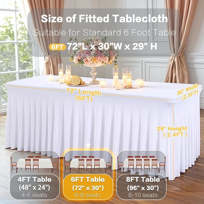 Shillance 6 Packs White Spandex Table Covers 6 Foot, Fitted Stretch Table Cloth with Skirts 72x30 Inch, Wrinkle-Free Floor Length Rectangle Tablecloths for Weddings Parties Banquets Events