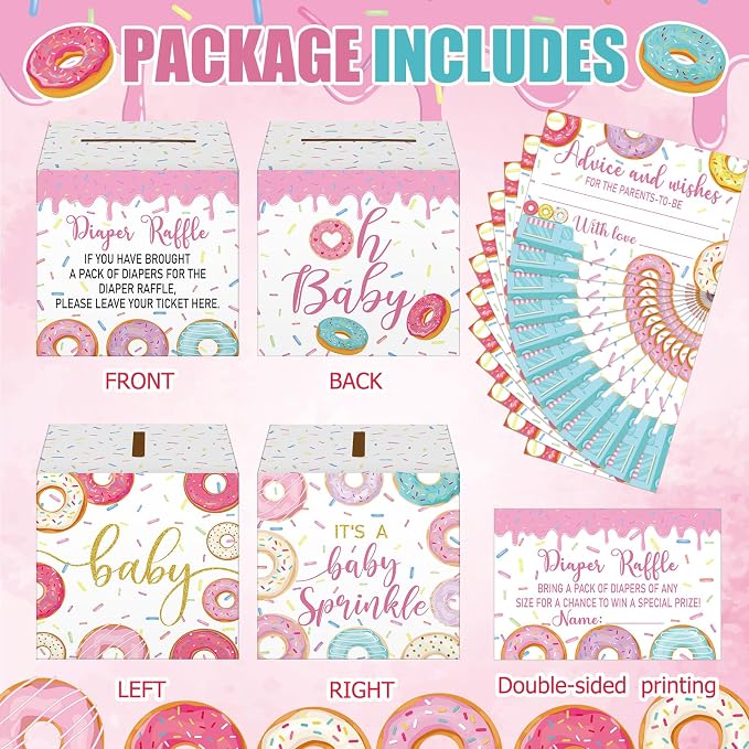 Teling 51 Pieces Diaper Raffle Tickets with Card Box Baby Shower Decorations Baby Shower Holder Box for Girl Boy Diaper Raffle Party(Donut Infant Sprinkle Decorations)