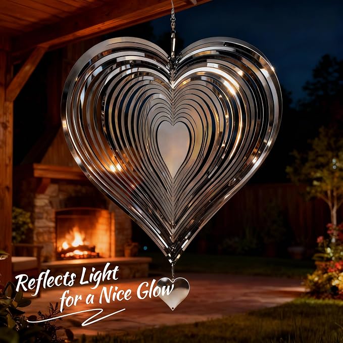 Wind Spinner 12-Inch Outdoor Decoration Gift for Mom | Hanging Yard Art, Garden Decoration for Outdoor and Indoor, Gift for Grandma and Women, 3D Heart, Stainless Steel, 1 Pack