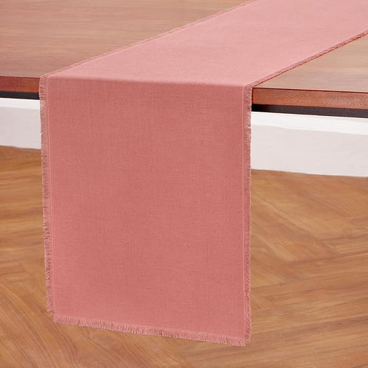 Solino Home Linen Dusty Rose Table Runner 120 Inches Long - Fringe, 100% Pure Linen 14 x 120 Inch Table Runner for Mothers Day, Spring, Summer