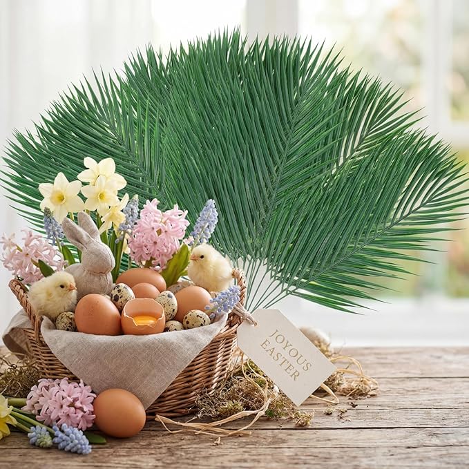Jexine 100 Pcs Easter Palm Leaves for Palm Sunday Artificial Fake Branches Tree Stems Large Faux Greenery Plants Fronds for Church Holy Week Hawaiian Jungle Wedding Party Decoration (5 Assorted Sizes)