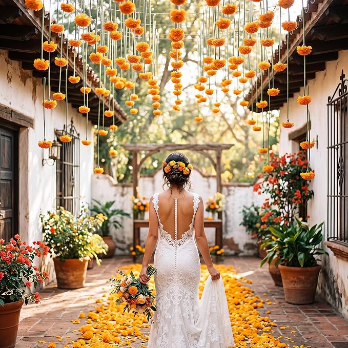12 Pack 5 ft Artificial Marigold Flowers Hanging Garland Decorations Orange Marigold from Ceiling Dangling Faux Floral Vine Strings with Hook for Wall Autumn Party Day of the Dead Decor