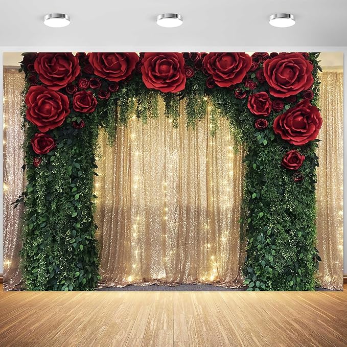 6x4ft Wedding Backdrop Red Rose Flowers Gold Sequin Wall Greenery Leaves Photography Background Bridal Wedding Party Banner Decorations Supplies Photo Booth Props