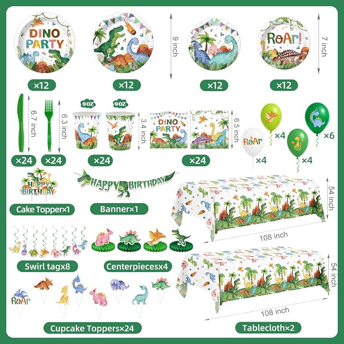 210 Pcs Dinosaur Birthday Party Decorations Serves 24 ，Dino Roar Party Supplies with Banner Hanging Plates Napkins Cups Forks Knives Tablecloth Topper Balloons for Boy Party