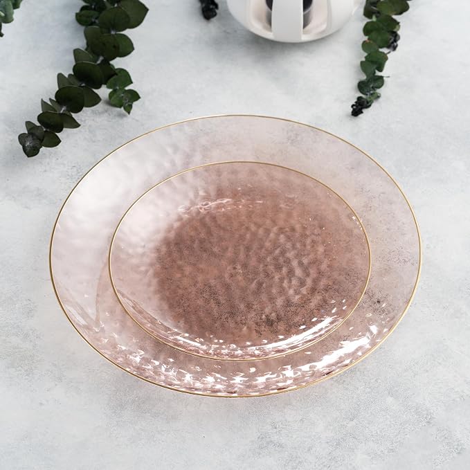 PLASTICPRO 32 Piece Combo Plates Set includes 16-7'' inch Plates & 16-10'' inch Dishes Rose Hammered Plastic PartyPlates Premium heavyweight Elegant, Disposable, Tableware, Dishes,