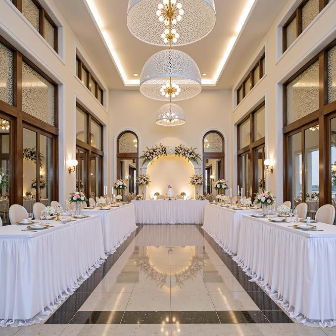 leegleri 2 pk 8ft White Tulle Tablecloth for Rectangle Tables, 2-in-1 Table Covers with Tulle Skirt,Wrinkle Free Stretchy Ruffle Tulle Table Cloths Fitted for Wedding Party Banquet Vendor