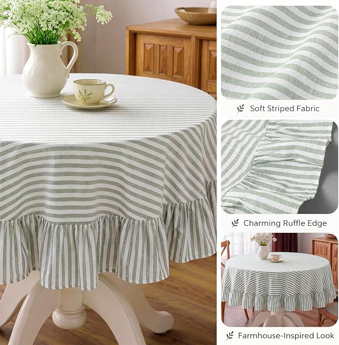 Boao Cotton 54 Inch Farmhouse Ruffle Tablecloth Sage Green White Striped Flounces Trim Table Cover for Round Table Kitchen Party Wedding Decor