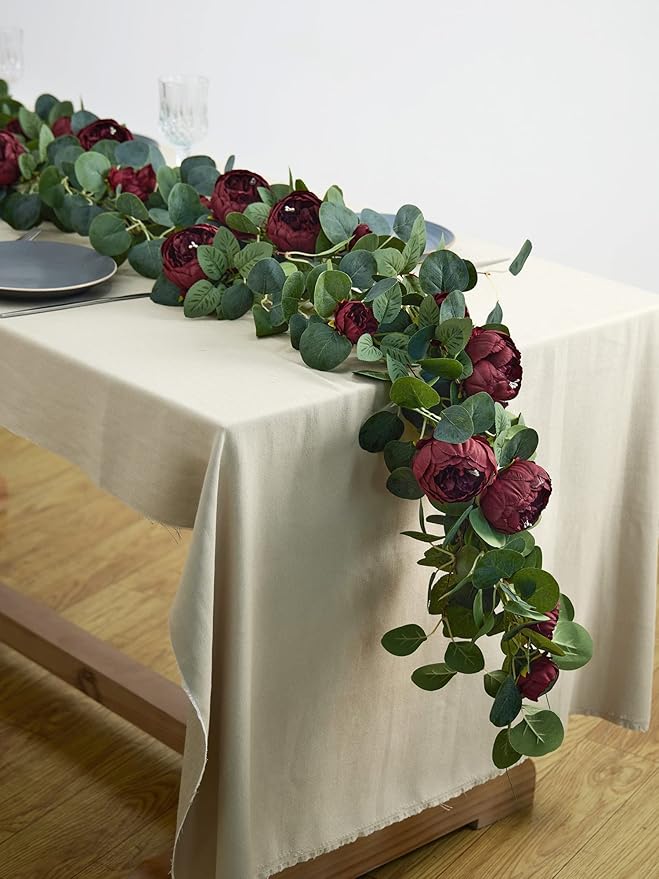 MISSPIN Artificial Eucalyptus Garland with Flower Vintage Faux Peony Rose Vine Greenery Decorative Table Centerpieces for Spring Wedding Arch Door Arrangement Party Decor