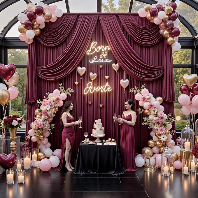 50ft x 15ft Burgundy Backdrop Curtains for Wedding Parties, 10 Panels Extra Long Wrinkle Free Fabric Drapes Photo Backdrop for Baby Shower Birthday Stage Reception Lobby Decoration