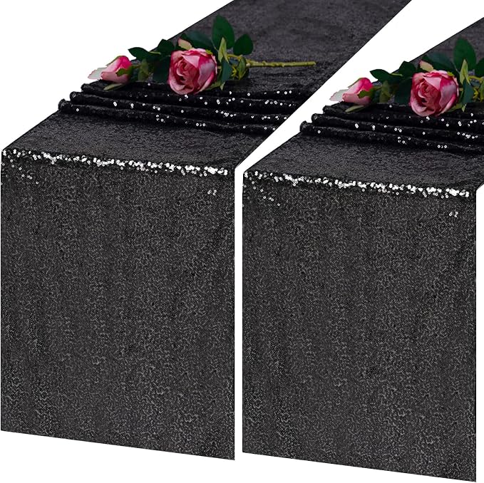 2 Pack Black Sequin Table Runner 12x108 Inch, High Density Sparkly Glitter Table Runners for Wedding Reception, Birthday Party, Banquet, Halloween, Black Metallic Shimmering Decor