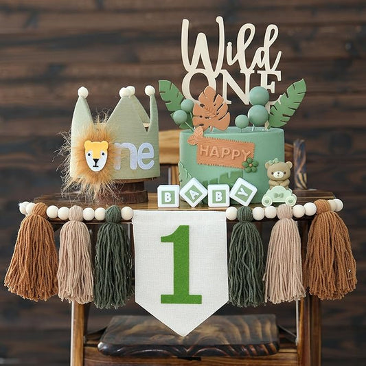 Wild One 1st Highchair Banner Wood Bead Tassel Garland Lion Crown Hat Wooden Cake Topper Birthday Party Decorations