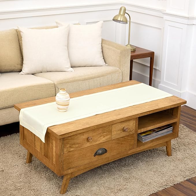 Solino Home Ivory Table Runner 48 Inches - Cotton Linen Hemstitch Coffee Table Runner 14 x 48 Inch Ideal for Dresser Tables - Spring, Summer, Mothers Day
