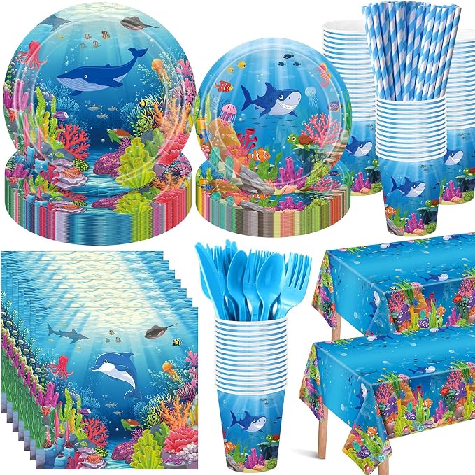 LemonRoad 452 Pcs Under the Sea Birthday Decorations for Ocean 50 Paper Plates Napkins Cups Tablecloth Cutlery Straws Disposable Tableware for Sea Animal Underwater Baby Shower Birthday Party Supplies